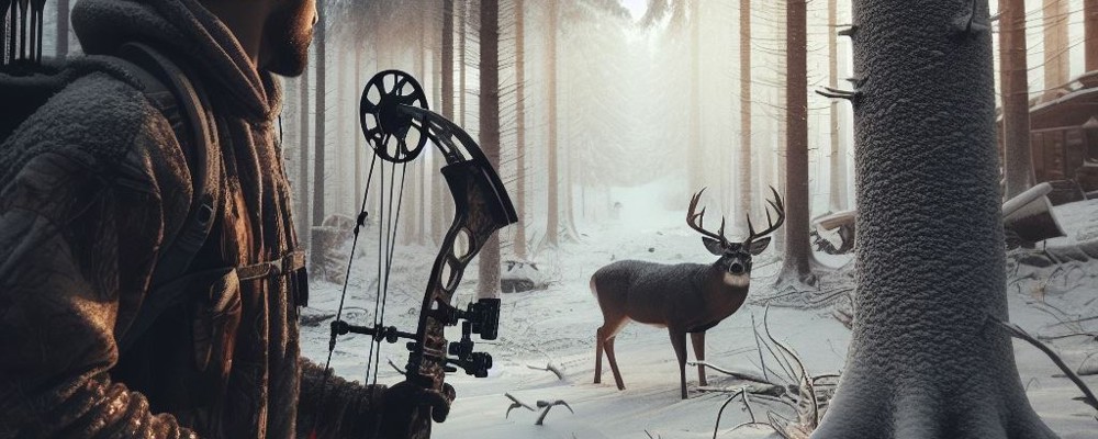 Bowhunter in snowy forest