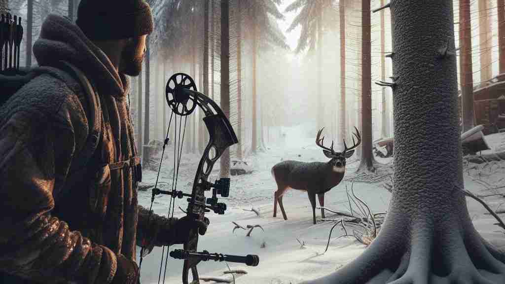 Bowhunter in snowy forest